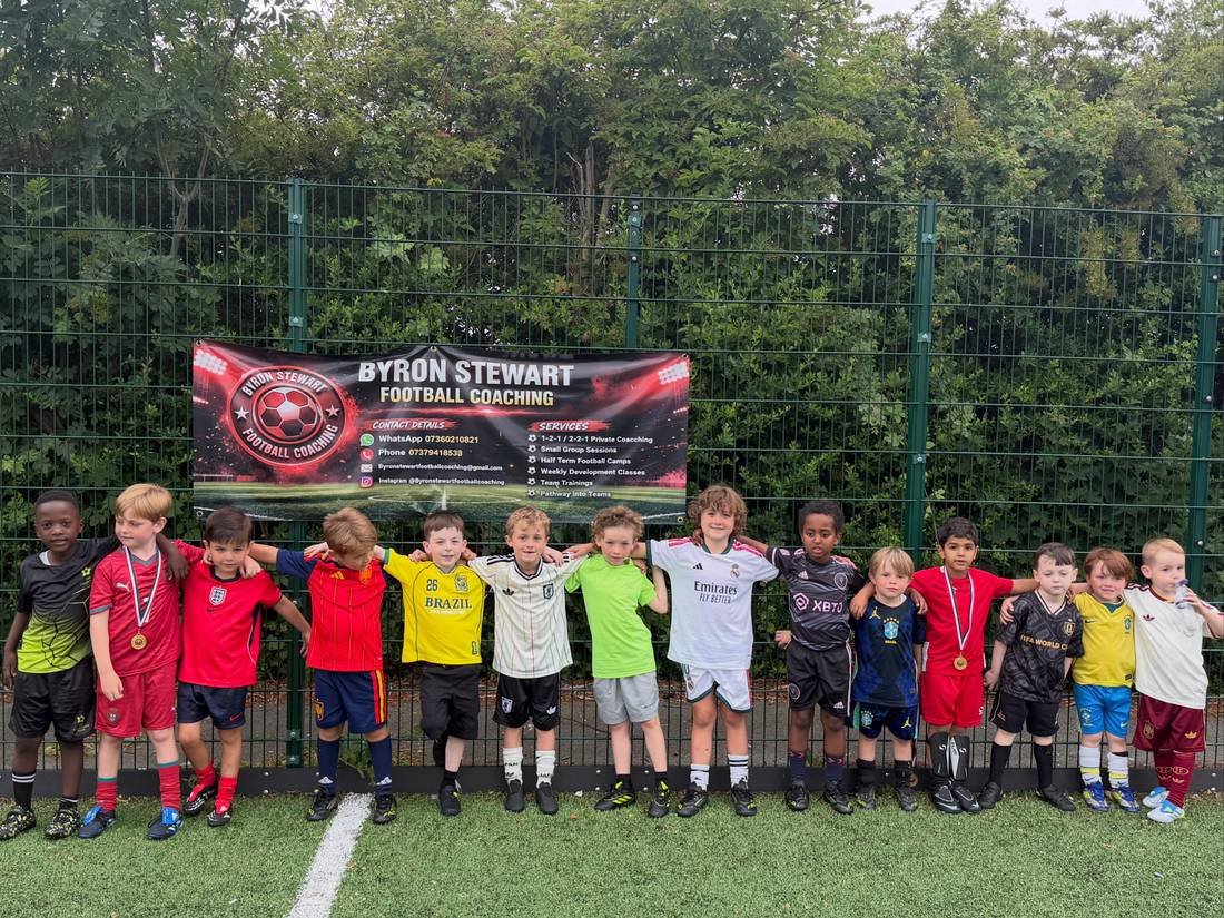 A line of children on the artificial pitch under the coaching banner
